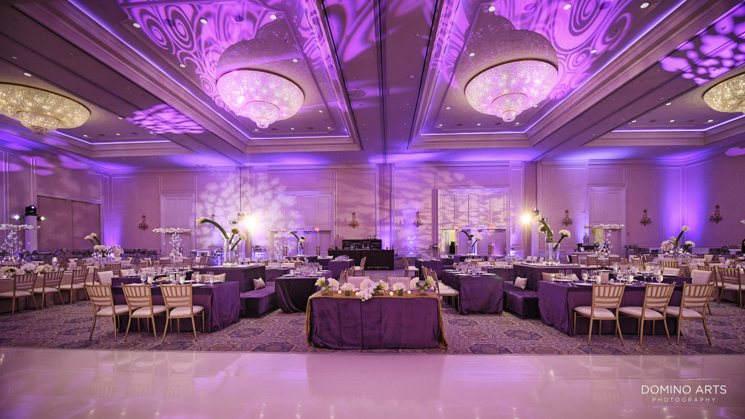 Luxury purple wedding decor at Modern Jewish wedding at Trump national Doral in South Florida 