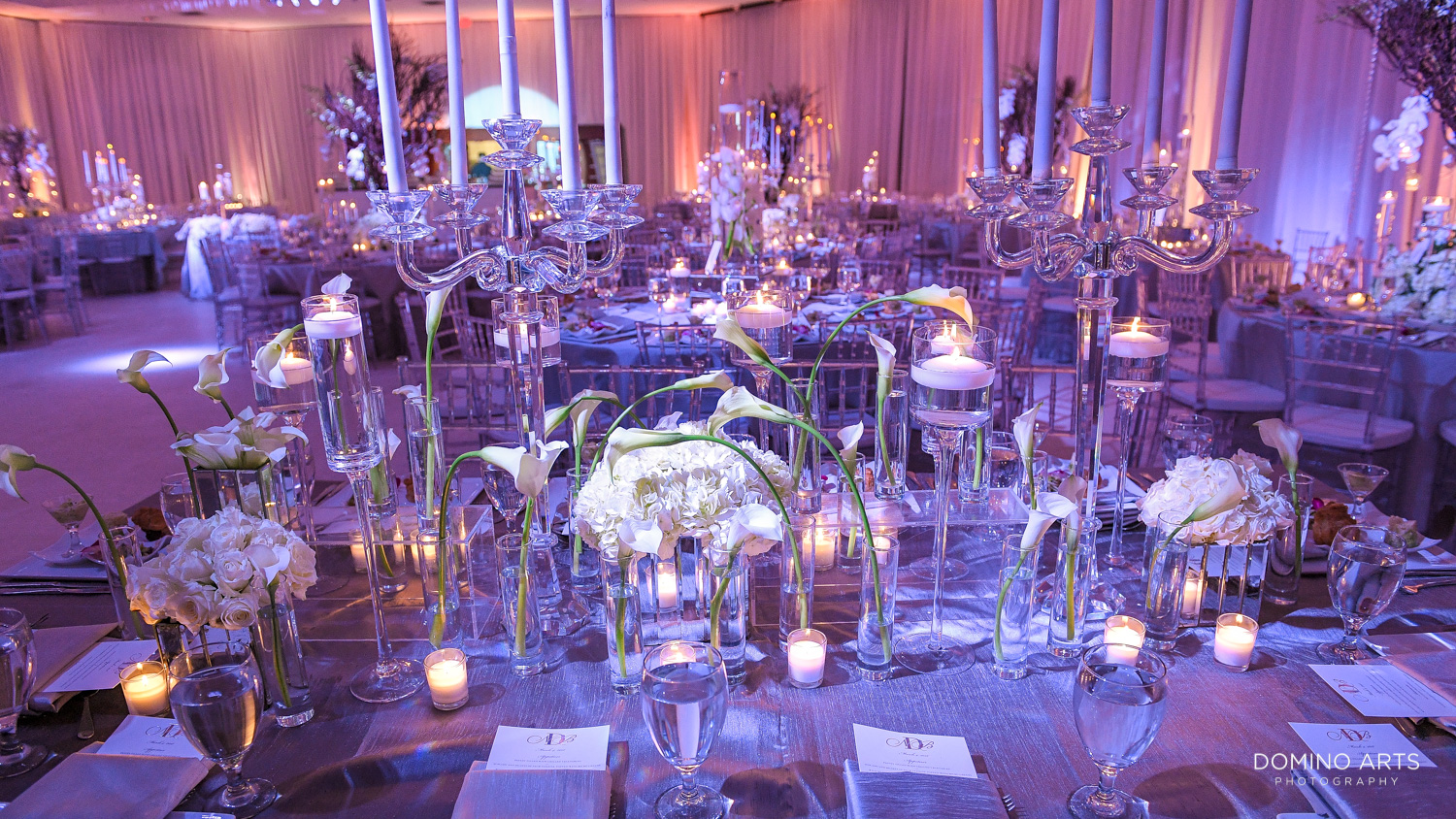 Wedding Decor in White Flowers and Blue Lighting