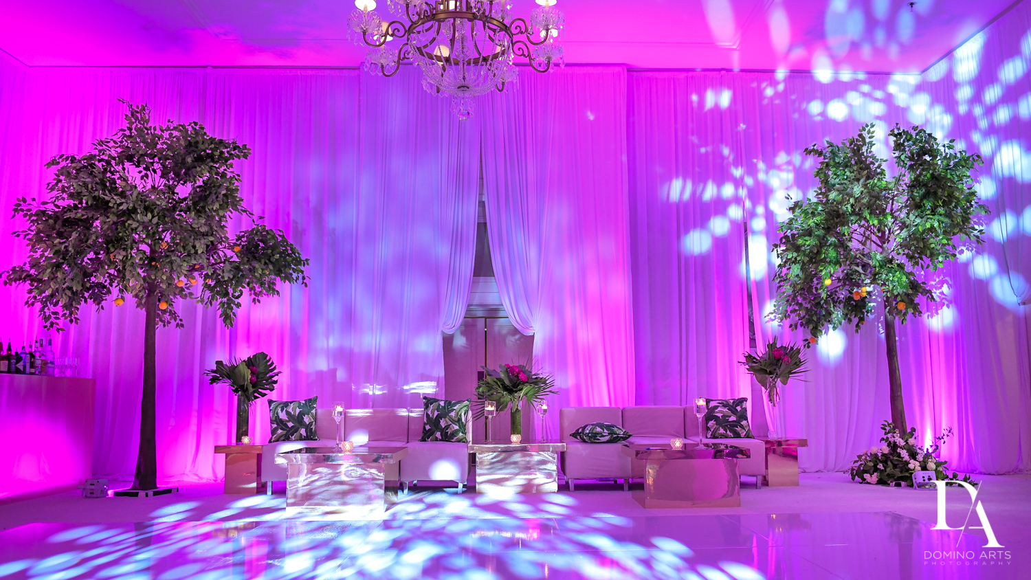 purple decor at Luxurious Destination Wedding at Fisher Island Miami by Domino Arts Photography
