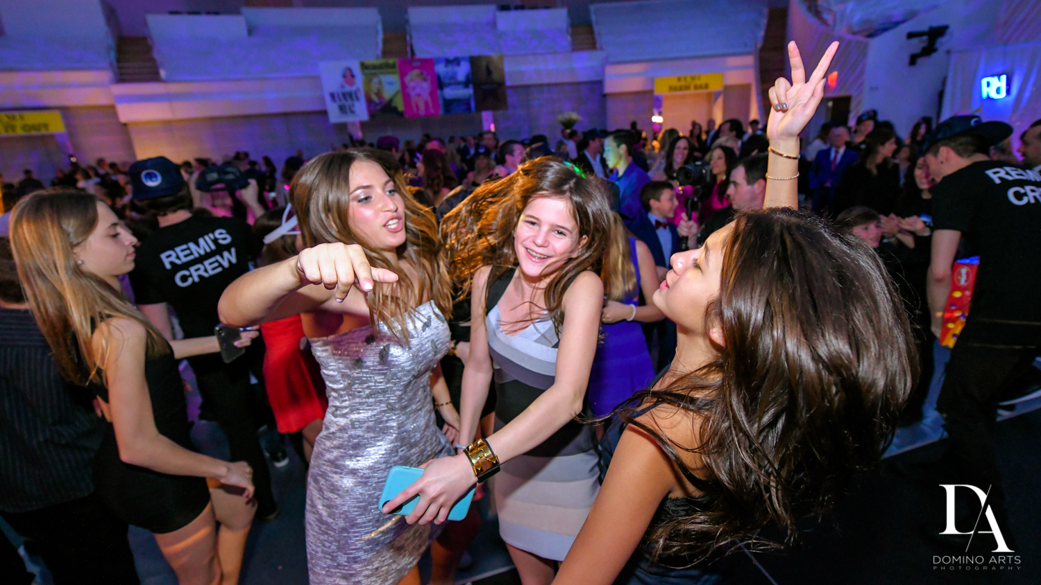 fun party pics at Luxurious Broadway Theme Bat Mitzvah at New World Symphony in Miami Beach by Domino Arts Photography