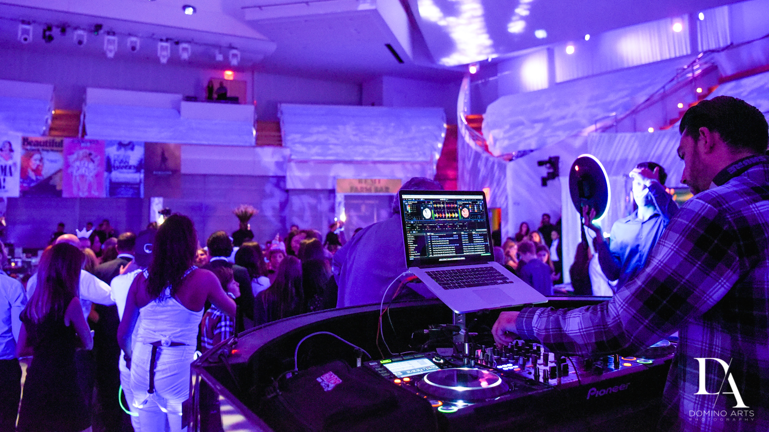 DJ booth at Luxurious Broadway Theme Bat Mitzvah at New World Symphony in Miami Beach by Domino Arts Photography