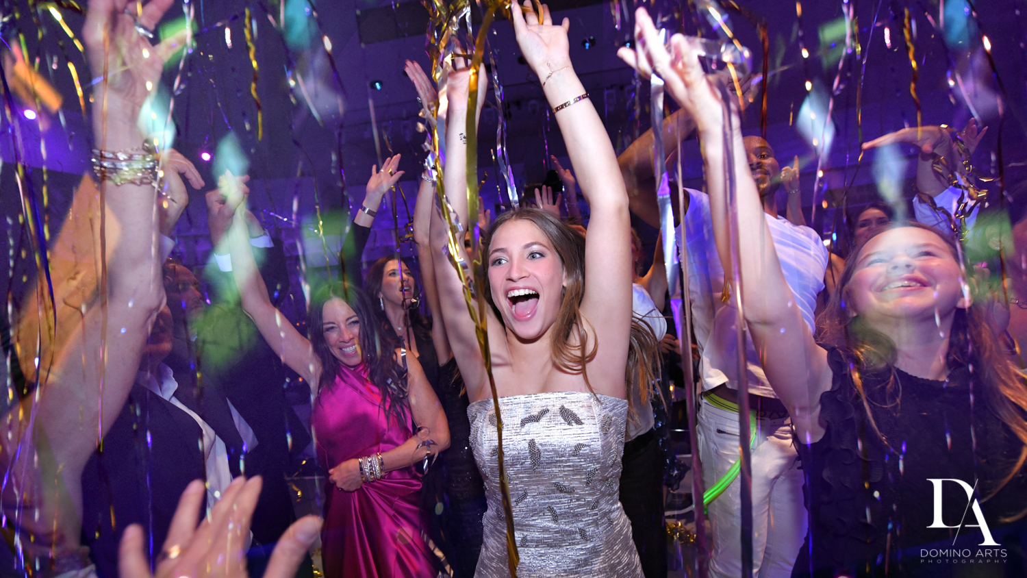 confetti blast at Luxurious Broadway Theme Bat Mitzvah at New World Symphony in Miami Beach by Domino Arts Photography