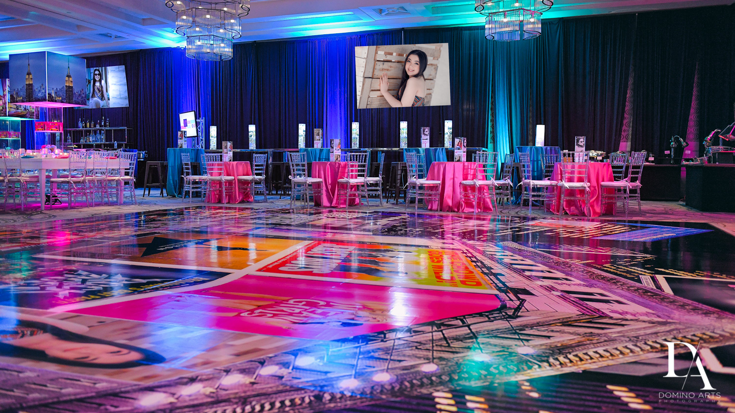 Best party decor at New York Theme Bat Mitzvah at Woodfield Country Club, Boca Raton by Domino Arts Photography