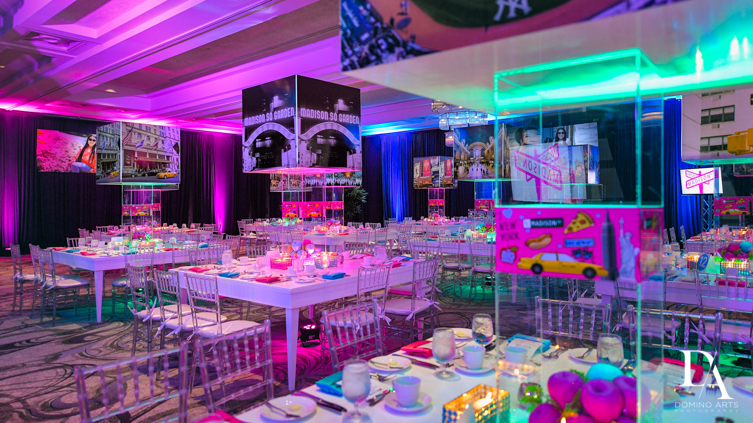 decor at New York Theme Bat Mitzvah at Woodfield Country Club, Boca Raton by Domino Arts Photography