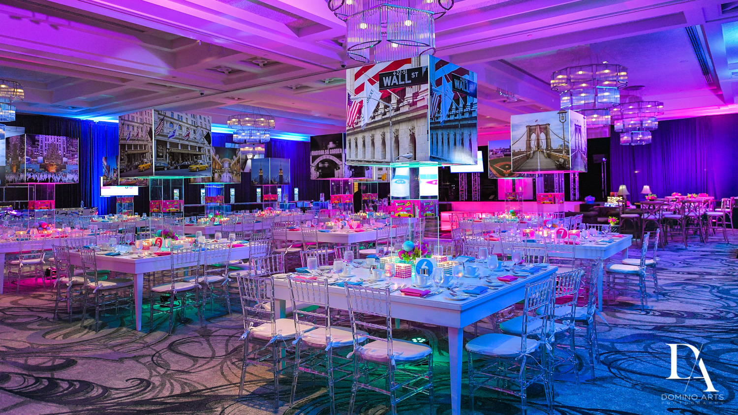 luxury decor at New York Theme Bat Mitzvah at Woodfield Country Club, Boca Raton by Domino Arts Photography