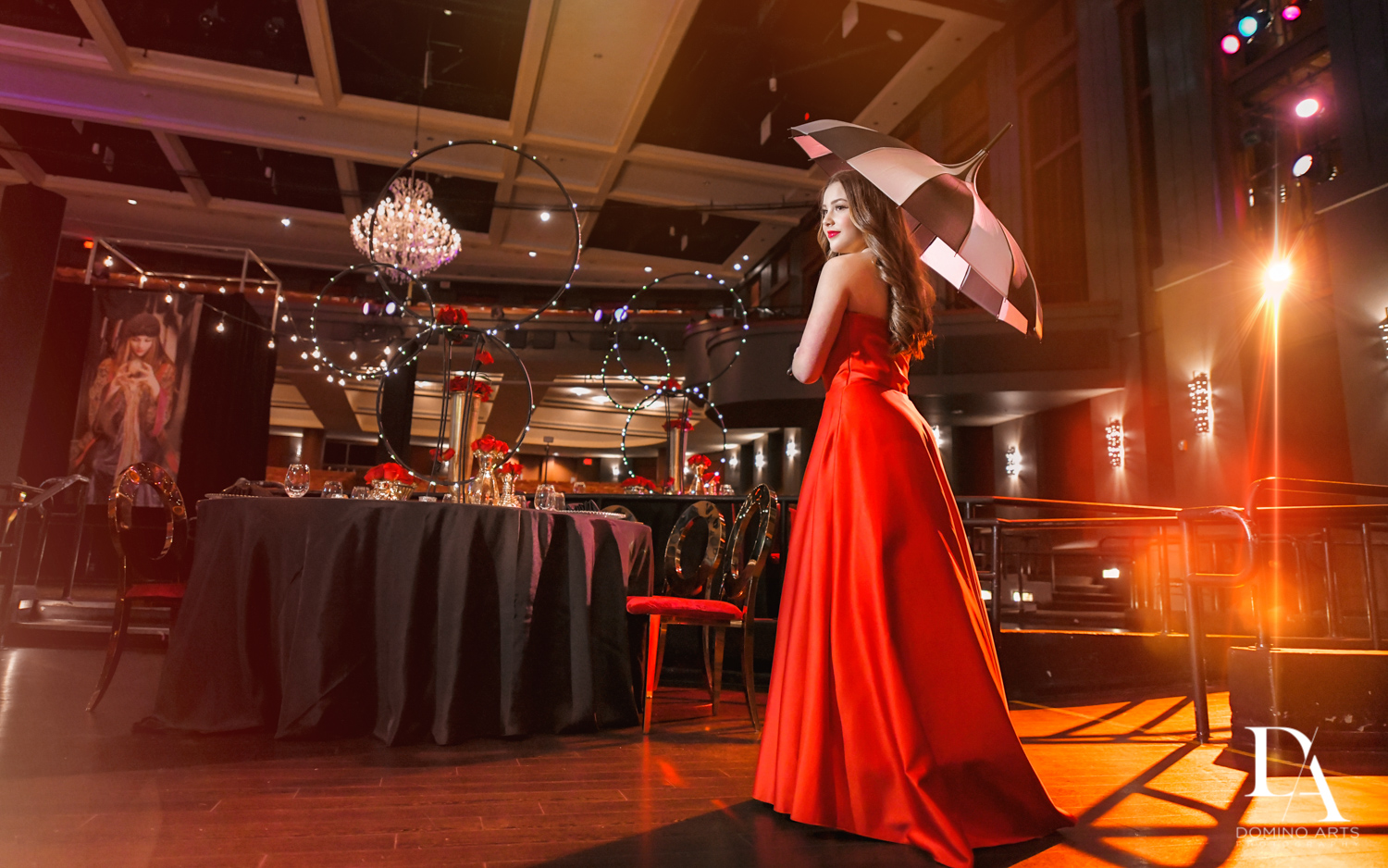 red dress portraits at The Greatest Showman theme Bat Mitzvah at the filmore miami by Domino Arts Photography