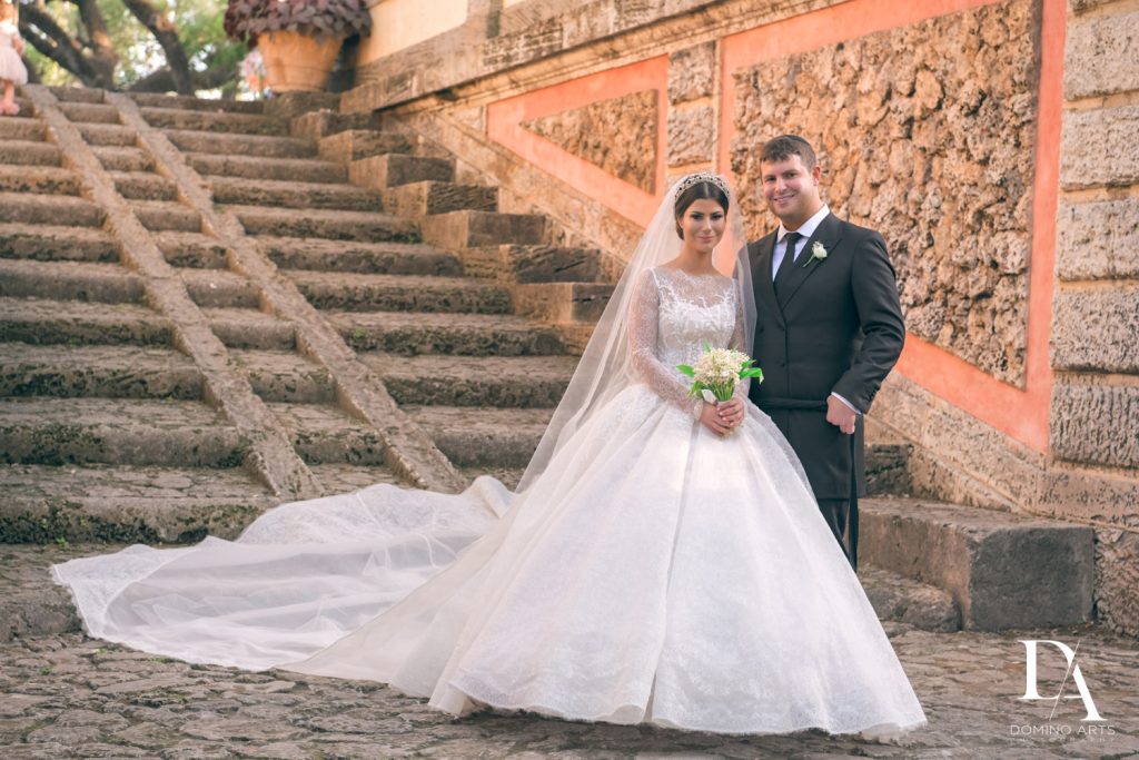 bride and groom at Haute Couture Dream Wedding at Vizcaya Museum & Gardens by Domino Arts Photography