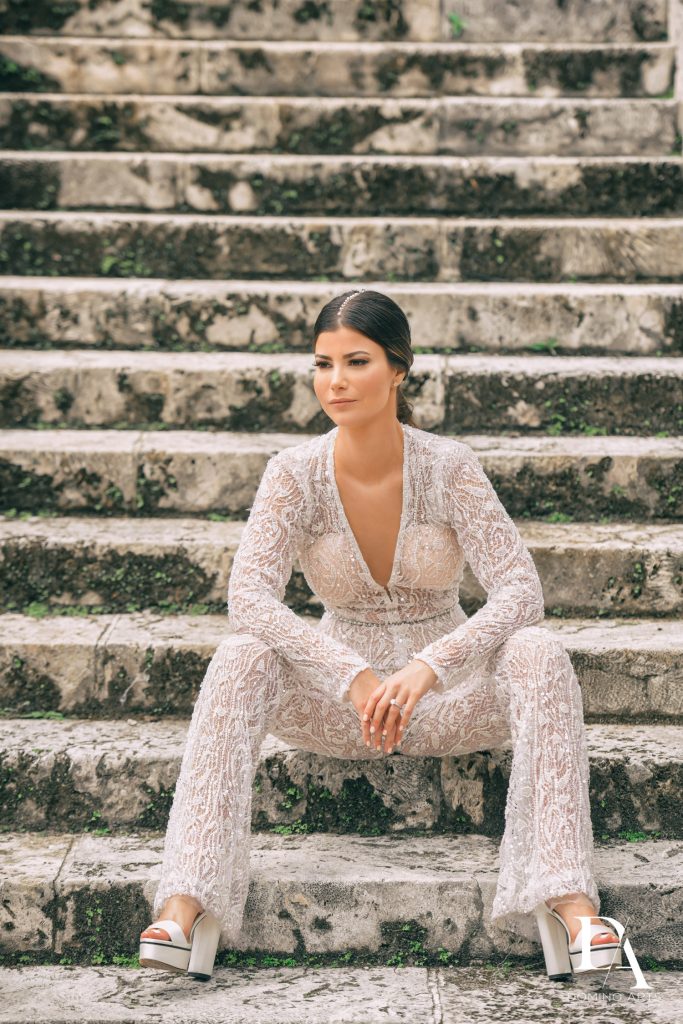 Beautiful Galia Lahav pant suit at Haute Couture Engagement Session at Vizcaya Museum and Gardens Miami by Domino Arts Photography