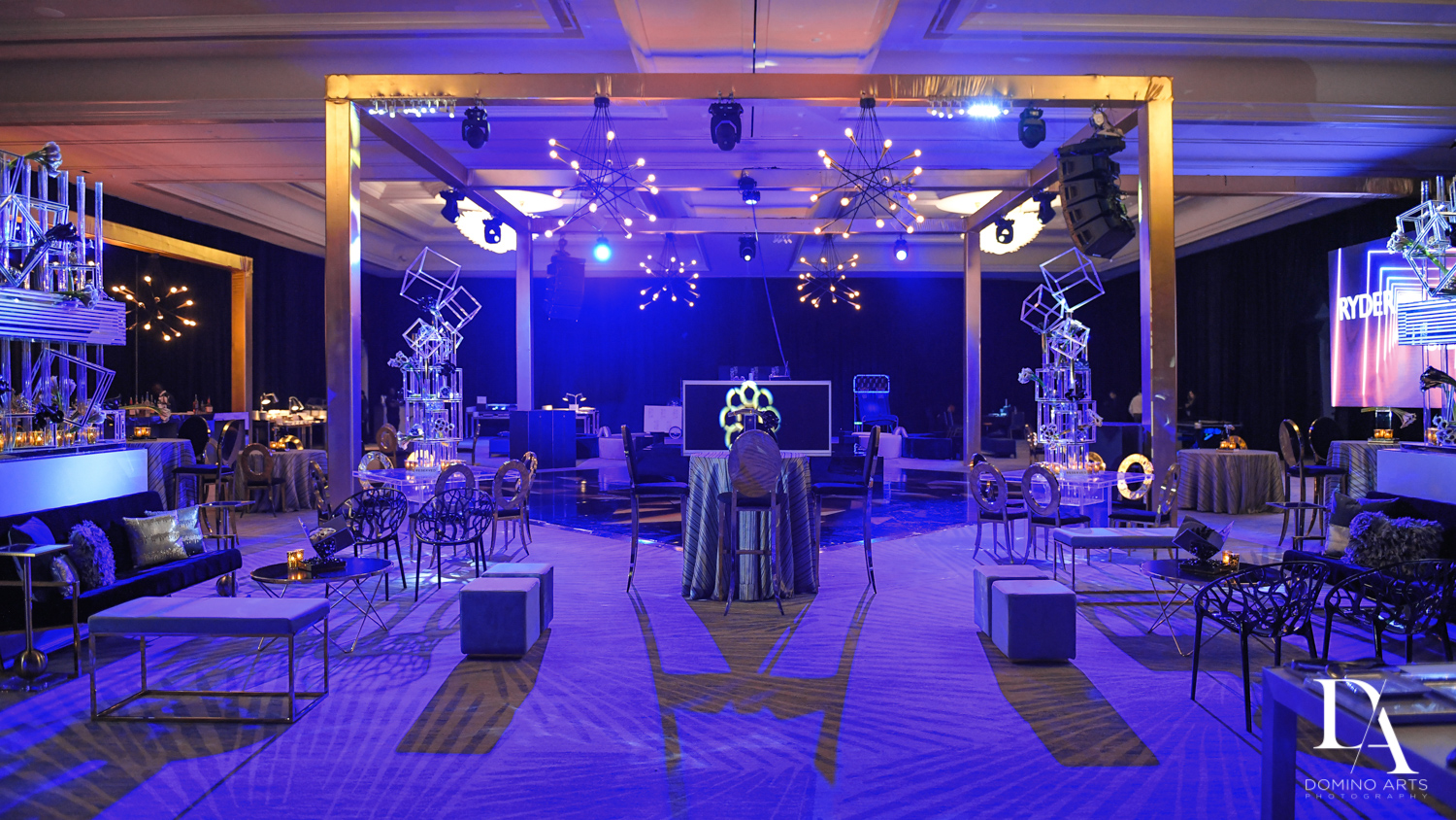 modern blue decor at Designer invitations at Stylish Architectural B'Nai Mitzvah at the NEW JW Marriott Miami Turnberry Resort & Spa by Domino Arts Photography