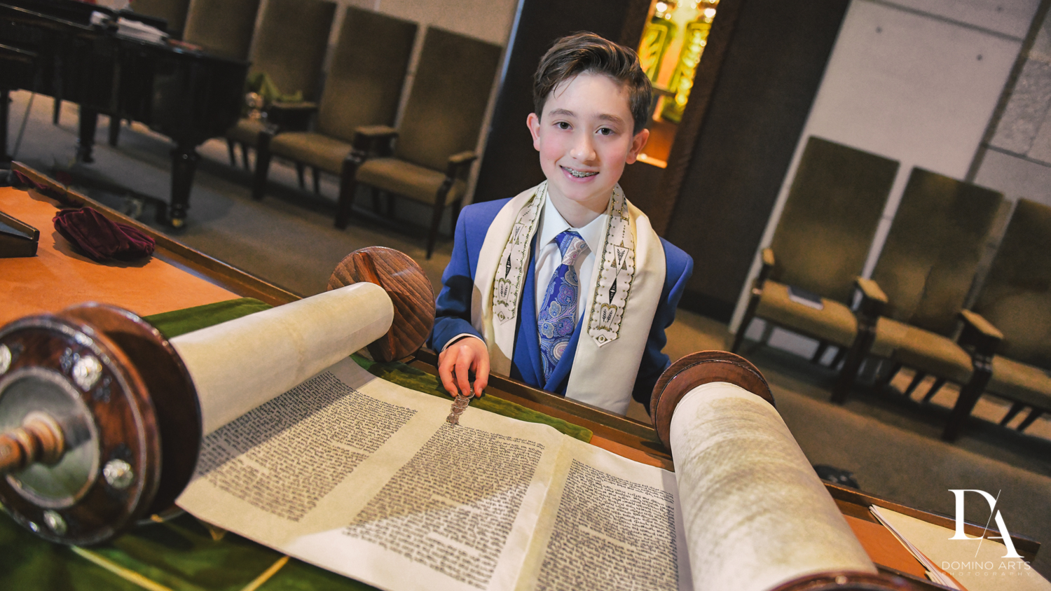 reading torah at Modern All Blue Decor Bar Mitzvah at Temple Beth Am Pinecrest by Domino Arts Photography