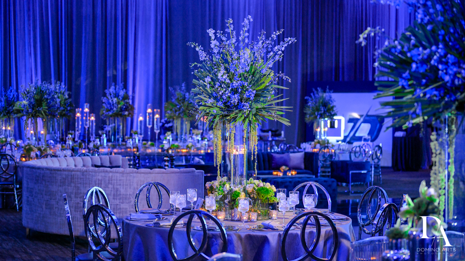 Amazing decor at Modern All Blue Decor Bar Mitzvah at Temple Beth Am Pinecrest by Domino Arts Photography