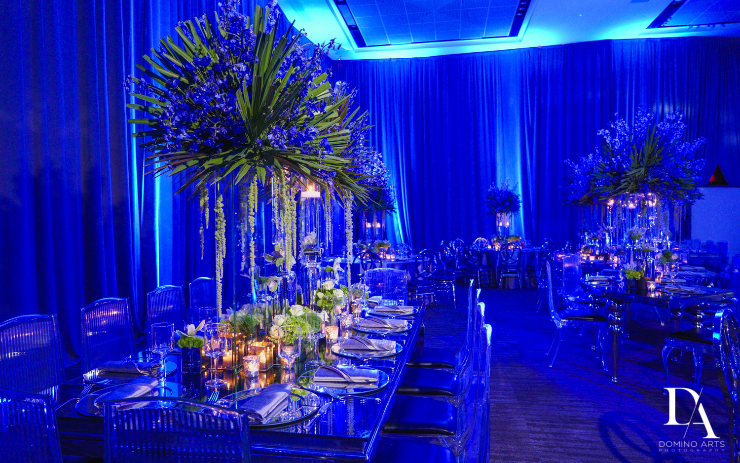 floral centerpiece at Modern All Blue Decor Bar Mitzvah at Temple Beth Am Pinecrest by Domino Arts Photography