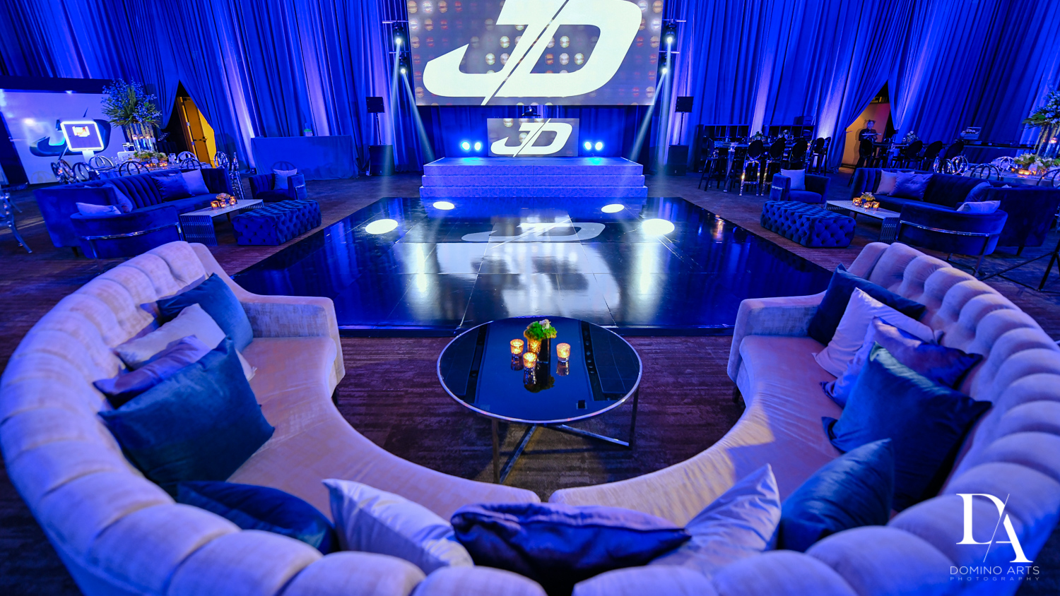 lounge area at Modern All Blue Decor Bar Mitzvah at Temple Beth Am Pinecrest by Domino Arts Photography