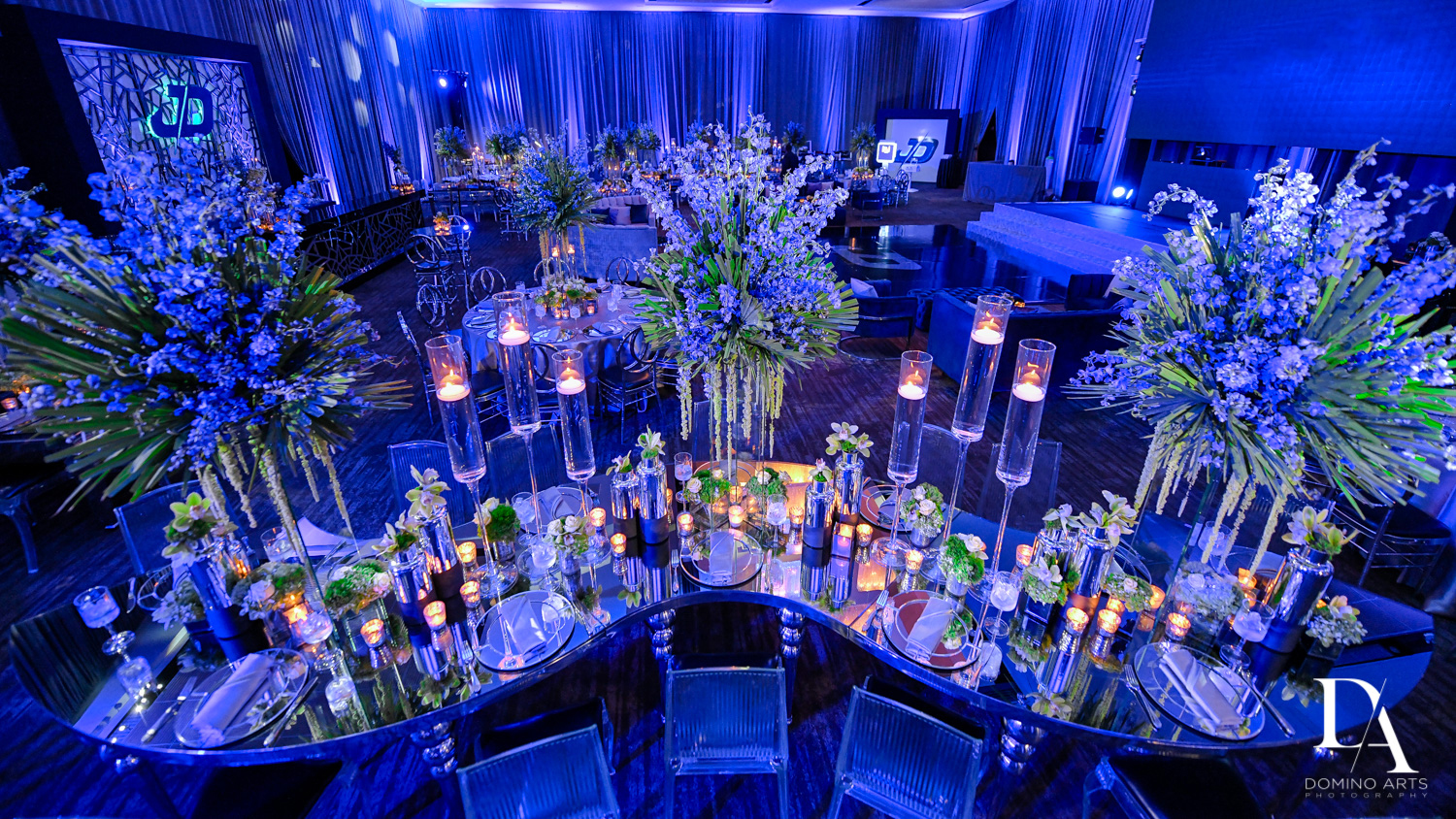 best miami decor at Modern All Blue Decor Bar Mitzvah at Temple Beth Am Pinecrest by Domino Arts Photography
