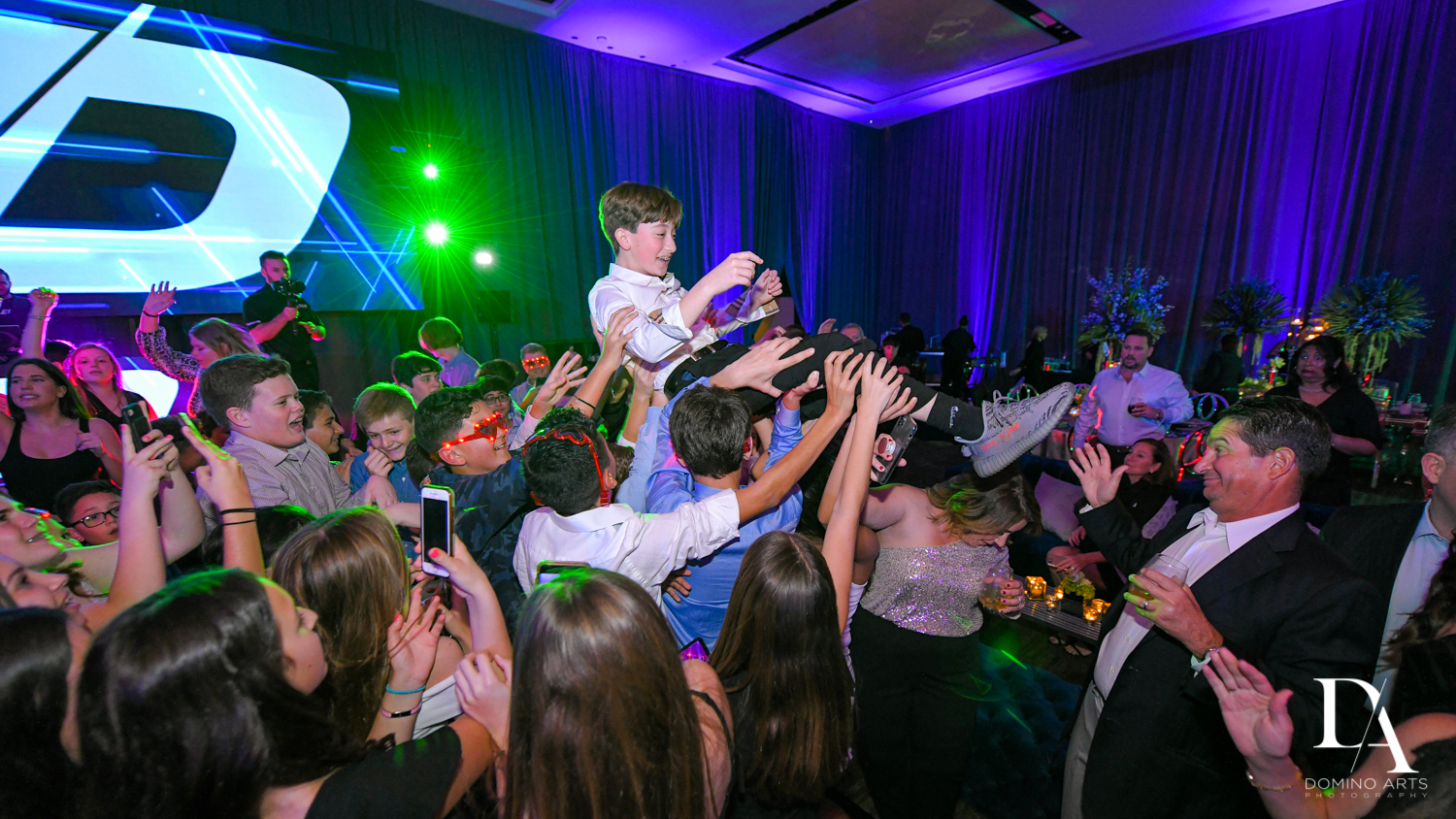 hora at Modern All Blue Decor Bar Mitzvah at Temple Beth Am Pinecrest by Domino Arts Photography