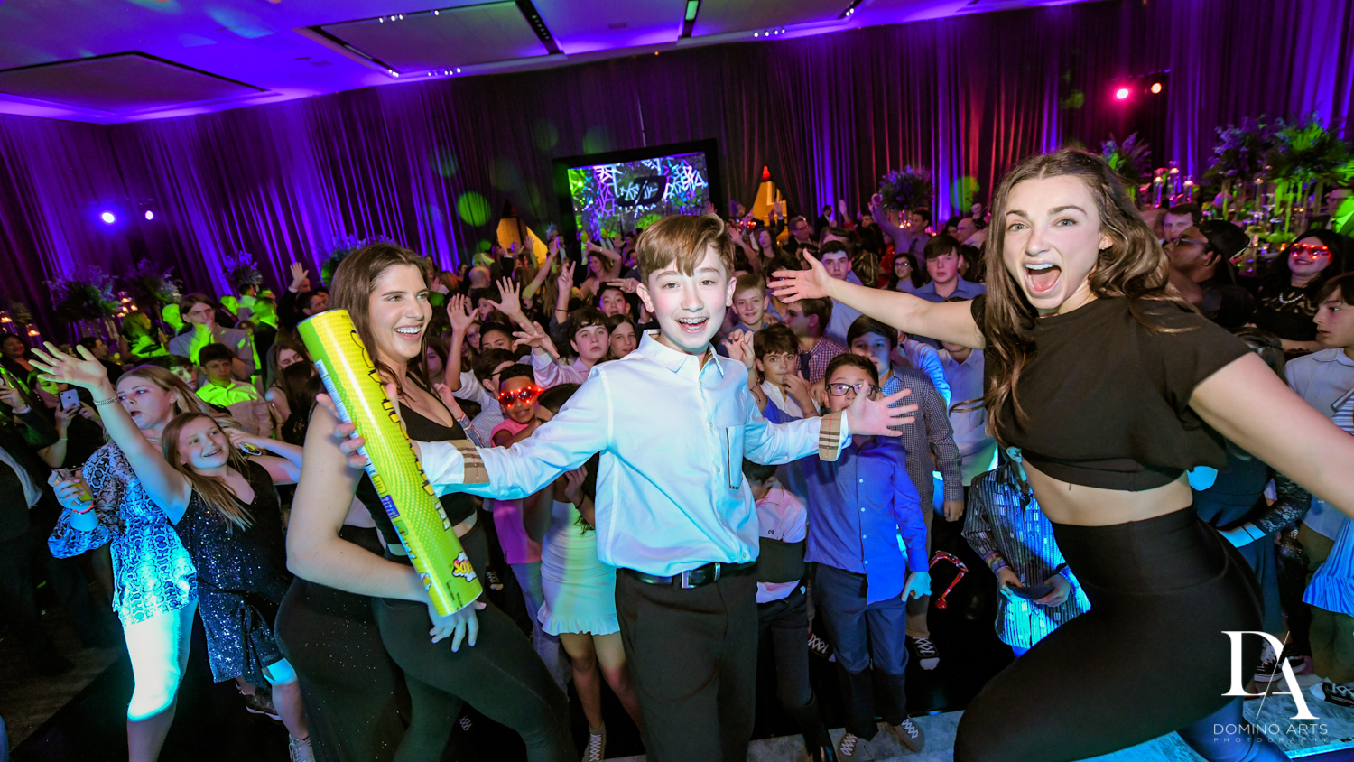 party pictures at Modern All Blue Decor Bar Mitzvah at Temple Beth Am Pinecrest by Domino Arts Photography