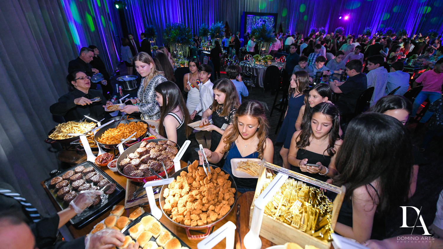 best catering at Modern All Blue Decor Bar Mitzvah at Temple Beth Am Pinecrest by Domino Arts Photography