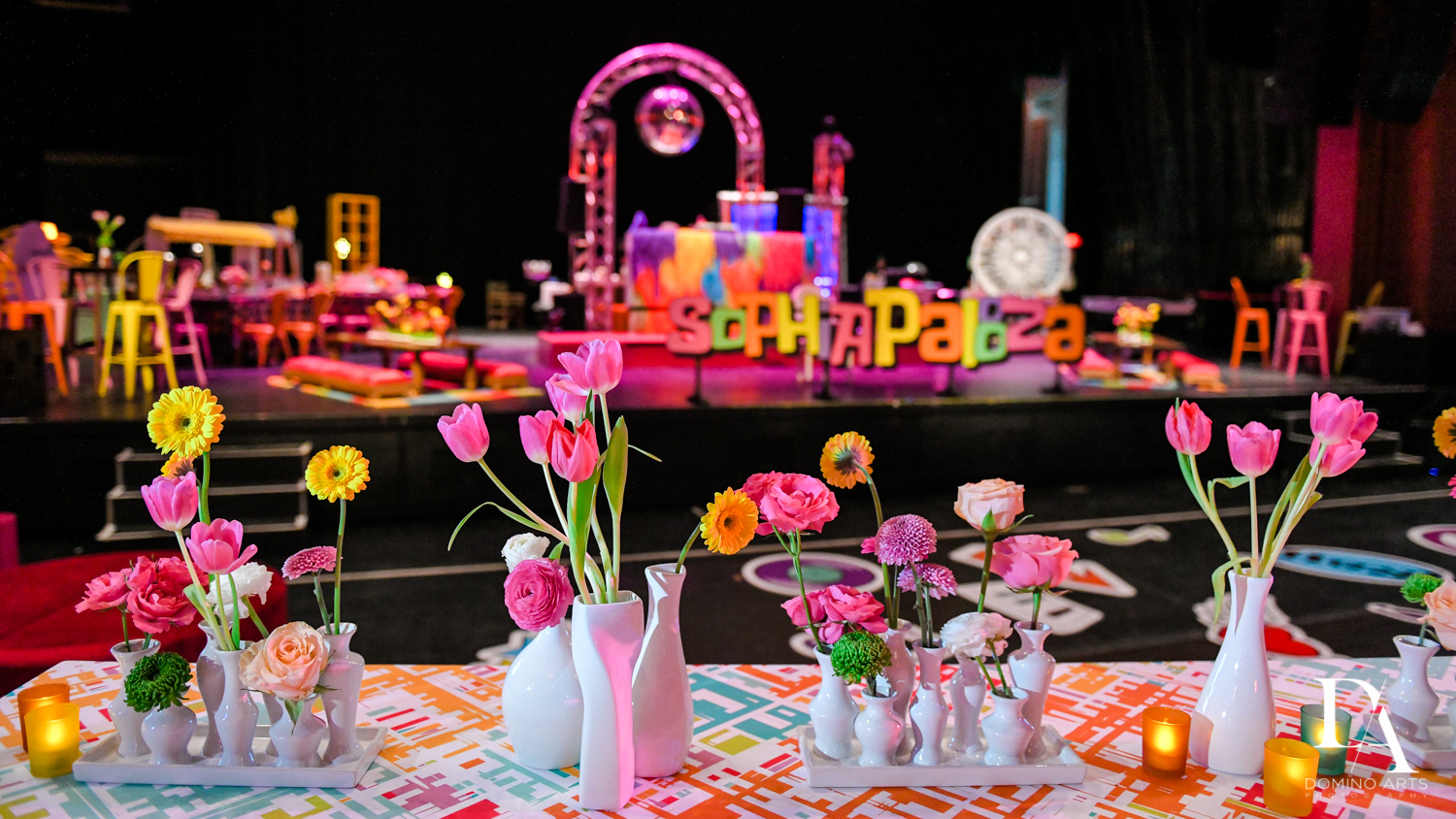 colorful decor at Music Festival Bat Mitzvah at The Fillmore Miami Beach by Domino Arts Photography