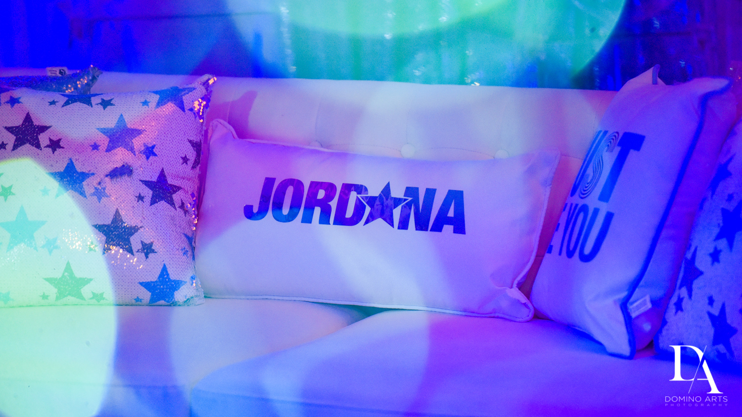 custom pillows for Trendy Decor Bat Mitzvah at St Andrews Country Club by Domino Arts Photography