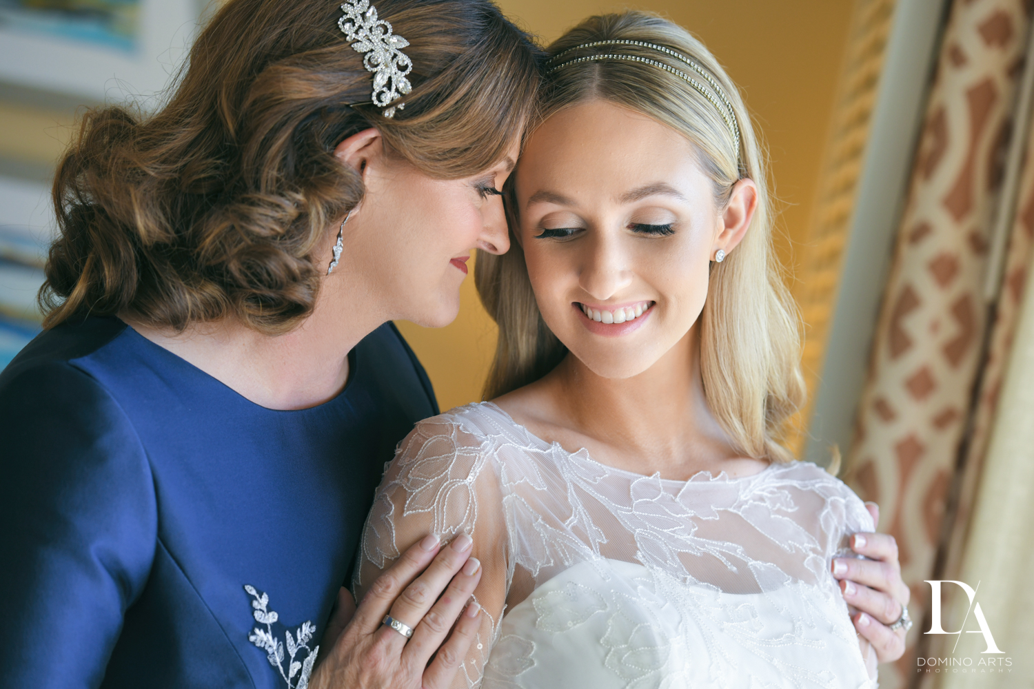 bride and mom at Lavish Flowers & Crystals Wedding at Aventura Turnberry Jewish Center by Domino Arts Photography