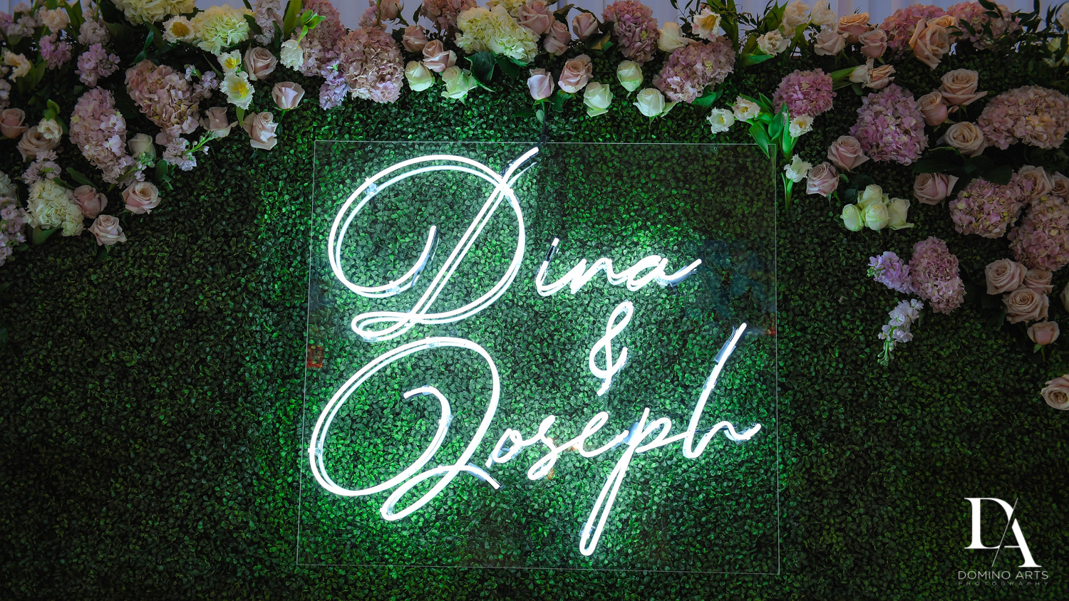 custom backdrop at Lavish Flowers & Crystals Wedding at Aventura Turnberry Jewish Center by Domino Arts Photography