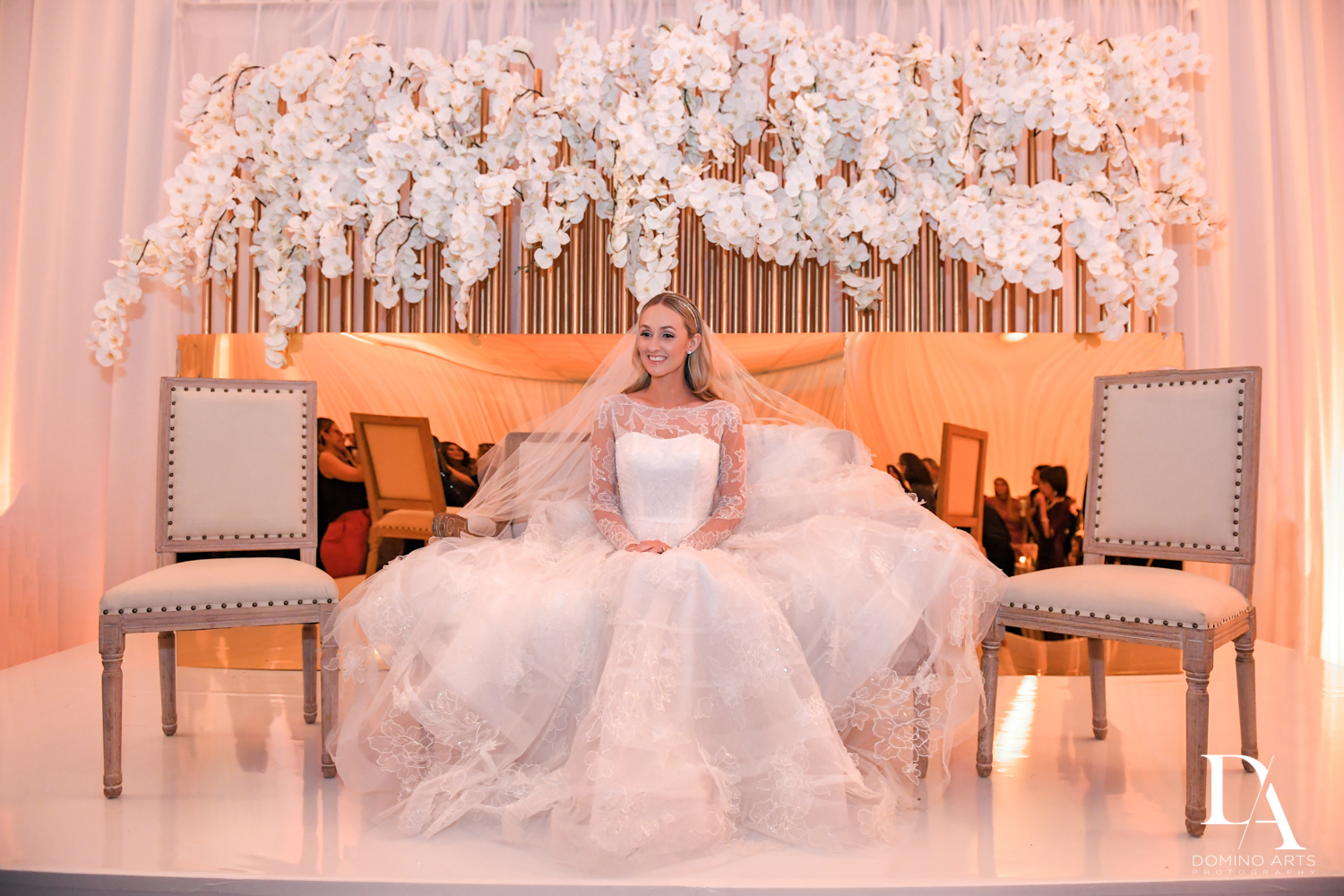 white floral bedeken at Lavish Flowers & Crystals Wedding at Aventura Turnberry Jewish Center by Domino Arts Photography